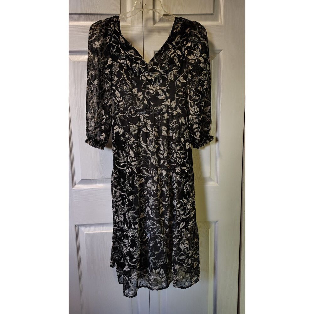 Sincerely Jules Black Cream Floral Chiffon Midi Dress Small